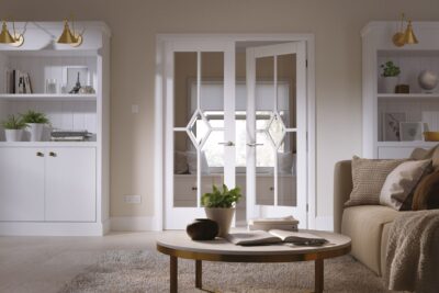 White Primed Reims (CLEAR BEVELLED GLASS) Rebated Pair - Solid Core - LPD