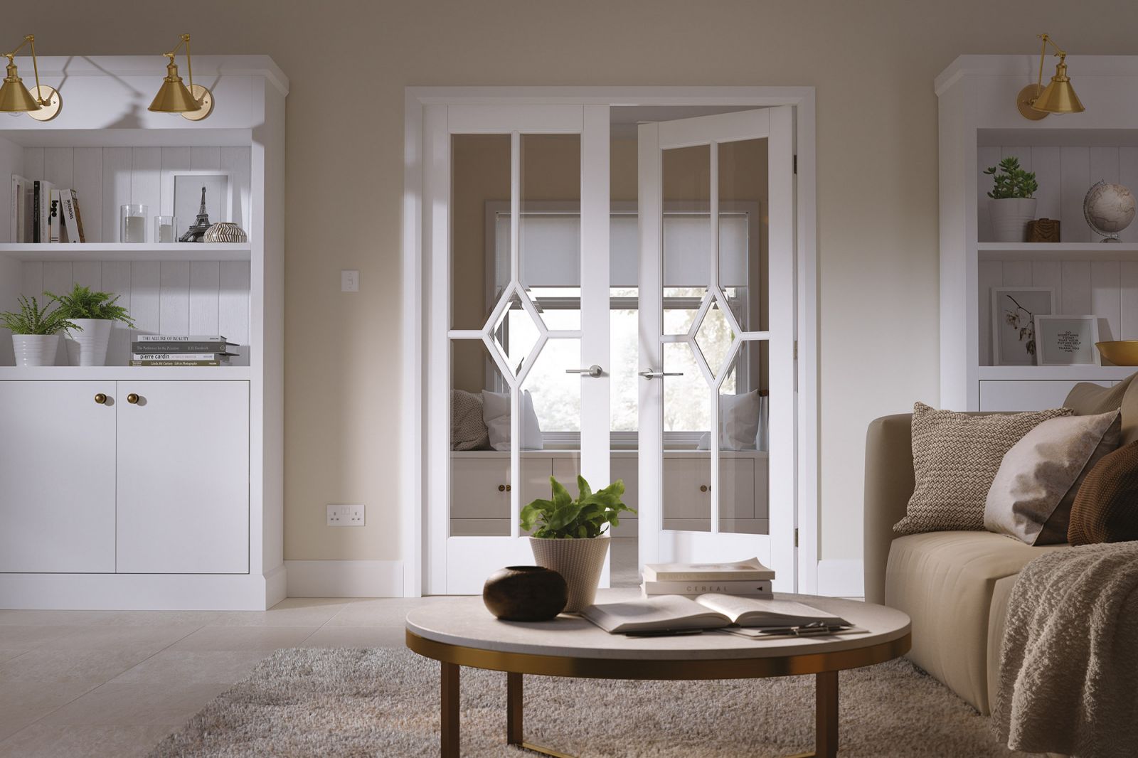 White Primed Reims (CLEAR BEVELLED GLASS) Rebated Pair - Solid Core - LPD