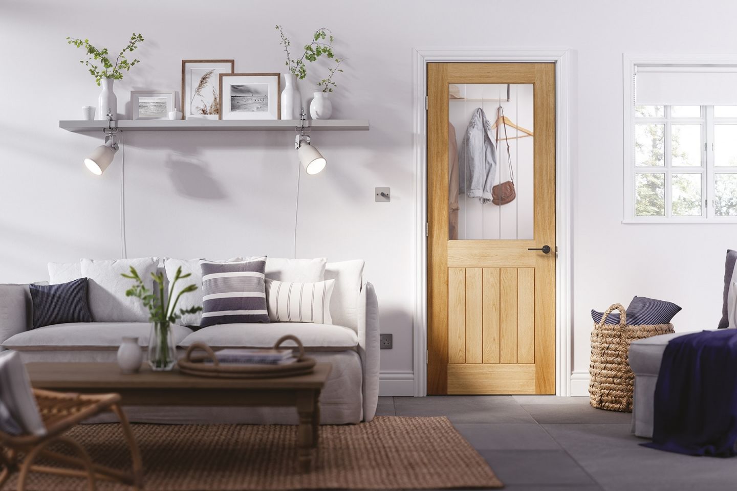 Internal Oak Belize (CLEAR GLASS ETCHED LINES) Pre-Finished Door - Image 2