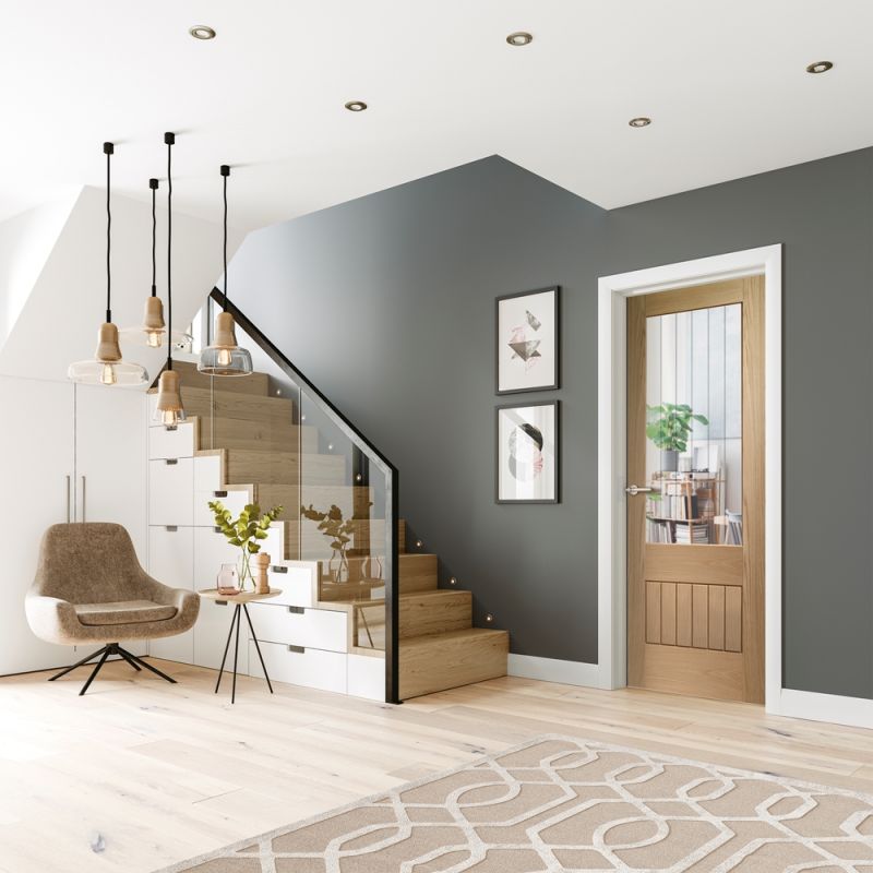 Internal Oak Suffolk Essential 2XG (CLEAR ETCHED GLASS) Pre-Finished Door - Image 2
