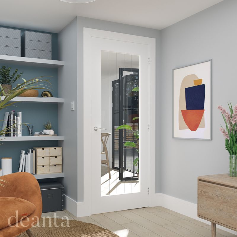 Internal White Primed Ely 1L Full (CLEAR GLASS) Solid Core Door - Image 2