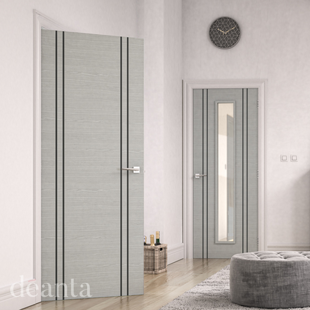 Internal Light Grey Ash with Dark Grey Ash Vertical Inlays Pre-Finished FD60 54mm Fire Door - Image 2